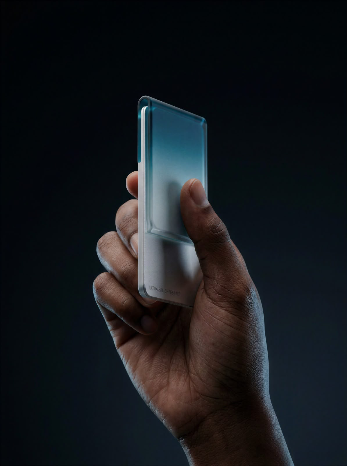 The translucent blue and brushed metal Card held in one hand